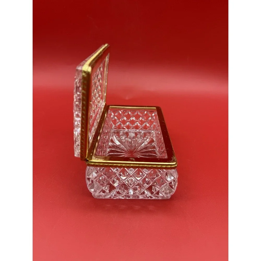 Baccarat StyleFrench Diamond Cut Crystal Jewelry Casket Brass Hinged Trinket Box
